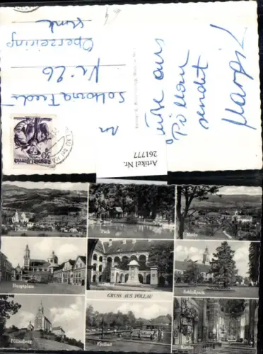 261777,Gruß aus Pöllau Totale Schloss Innenhof Freibad Kirche Hauptplatz Pöllauberg Mehrbildkarte