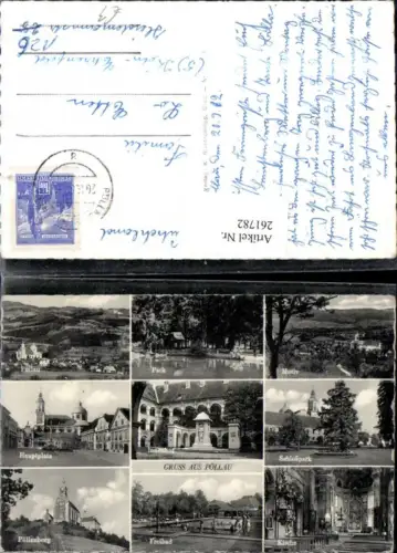 261782,Gruß aus Pöllau Totale Schloss Innenhof Freibad Kirche Hauptplatz Pöllauberg Mehrbildkarte