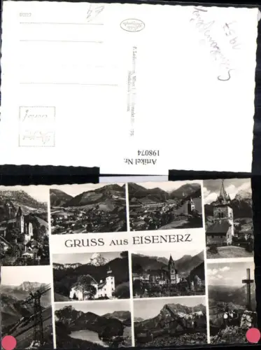 198074,Gruß aus Eisenerz Totale Kirche Kreuz See Sessellift Mehrbildkarte