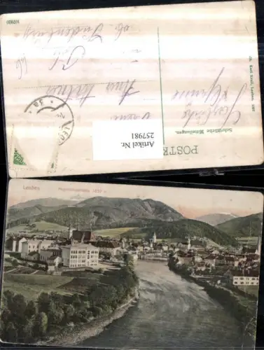 257981,Leoben Teilansicht Brücke Kirche Fluss m. Mugelschutzhütte
