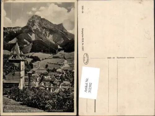 352392,Eisenerz Teilansicht Schichtturm m. Pfaffenstein Bergkulisse