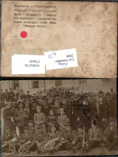 376643,Foto AK Trofaiach Bäckerei Gasthaus Musikkapelle Gruppenfoto