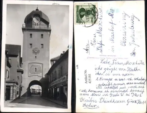 425181,Foto Ak Leoben Ansicht m. Uhrturm Torbogen pub Max Mayer
