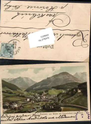 694451 Lithographie Eisenerz v. Westen Calvarienberg 1900