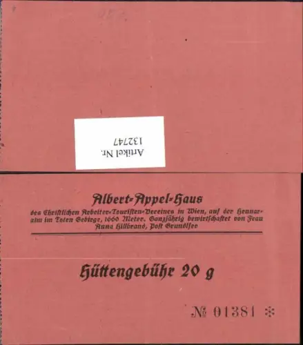 132747,Beleg Hüttengebühr Albert Appel Haus b. Grundlsee Aussee