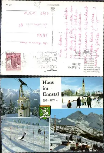 261606,Haus im Ennstal Teilansicht Kirche Seilbahn Skirennen Bergkulisse pub Alpine Luftbild 64