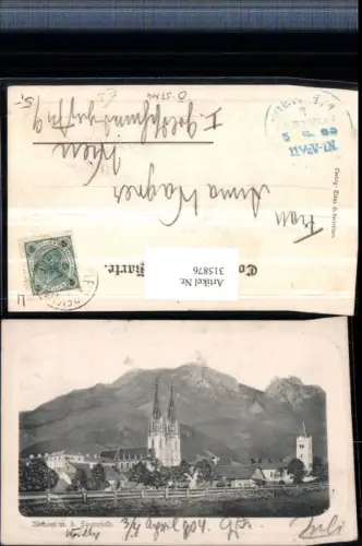 315876,Admont Teilansicht Kirche m. Sparafeld Bergkulisse Präge Passepartout