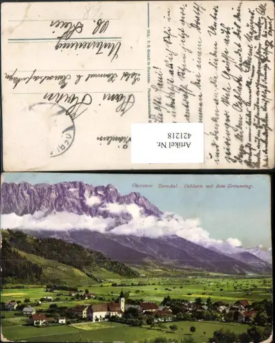 421218,Öblarn im Ennstal Totale m. Grimming Bergkulisse pub F. E. Brandt 1405