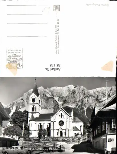 581128,Foto Ak Ramsau a. Dachstein Evangelische Kirche VW Käfer