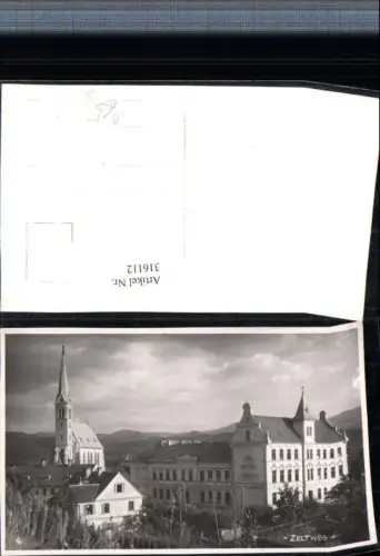 316112,Foto AK Zeltweg Kirche Schulgebäude Mädchen- u. Knabenschule