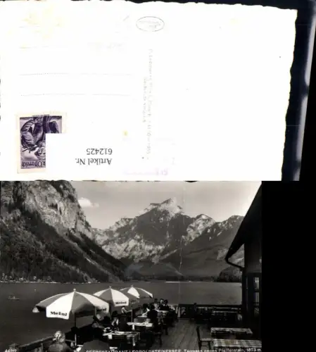 612425,Foto Ak Eisenerz Seerestaurant Leopoldsteiner See Terrasse geg. Pfaffenstein Reklame Meinl Kaffee