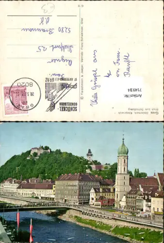 714914 Graz Blick zum Schloßberg Uhrturm Brücke