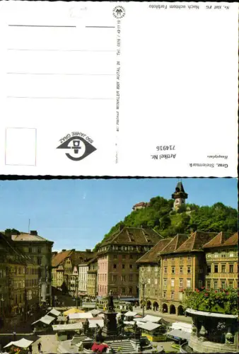 714916 Graz Hauptplatz mit Erzherzog-Johann-Brunnen u. Blick auf den Schloßberg