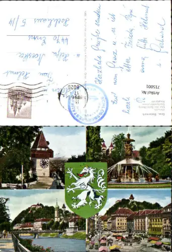 715001 Mehrbild AK Graz Uhrturm Mur m. Schloßberg Stadtparkbrunnen Hauptplatz
