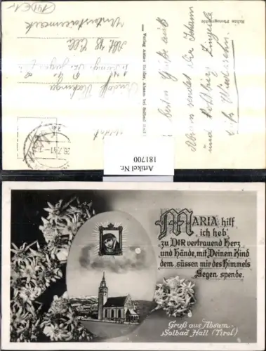 181700,Gruß aus Absam Solbad Hall i. Tirol Kirche Gandenbild Edelweiß