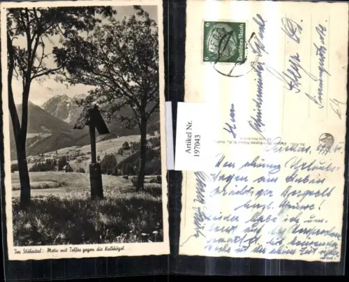 197043,Im Stubaital Motiv m. Telfes geg. Die Kalkkögel Wegkreuz Partie