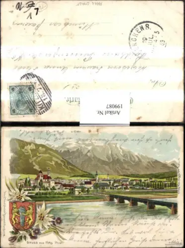 199087,Litho AK Gruß aus Hall i. Tirol Totale Wappen Brücke pub Max Jeggle