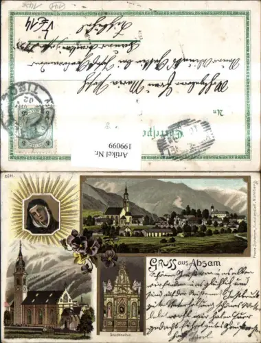199099,Litho AK Gruß aus Absam b. Hall i. Tirol Totale Kirche Gnadenbild u. Altar Mehrbildkarte pub Schemm 2611