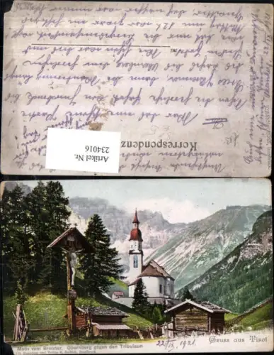 234016,Gruß aus Tirol Motiv vom Brenner Obernberg geg. d. Tribulaun Kirche Wegkreuz
