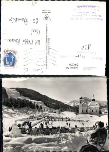 294200,Seekirchelin Kirche b. Seefeld m. Gschwandkopf u. Hocheder Eislaufplatz Eislaufen Winterbild