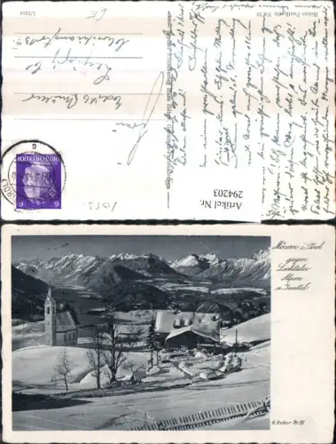 294203,Mösern in Tirol Kirche geg. Lechtaler Alpen u. Inntal Bergkulisse Winterbild