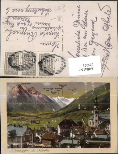 335221,Fulpmes Teilansicht Kirche geg. Gletscher Bergkulisse pub K. Redlich 1067