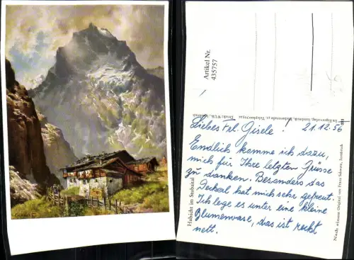 435757,Künstler AK Franz Schwetz Habicht im Stubaital b. Neustift Berghütte Bergkulisse