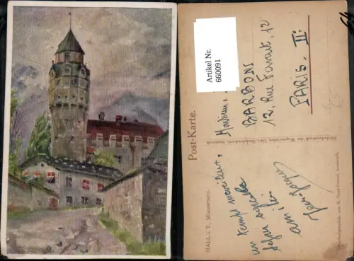 660091,Künstler Ak M. Graß-Cornet Hall in Tirol Münzerturm