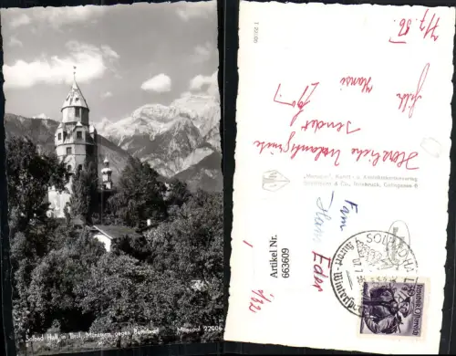 663609,Foto Ak Hall i. Tirol Münzturm geg. Bettelwurf