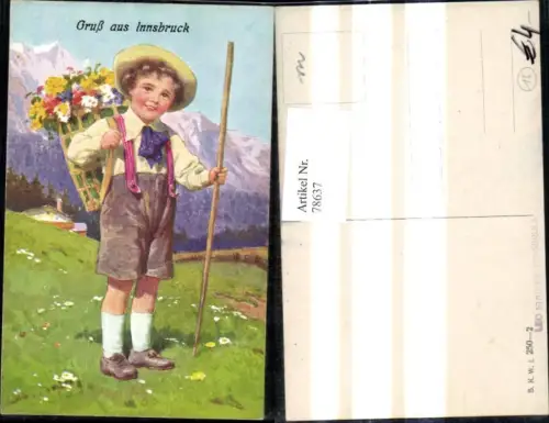 78637,Künstler Ak Gruß a. Innsbruck Junge Bub m. Wanderstock Rückenkorb m. Blumen Bergkulisse