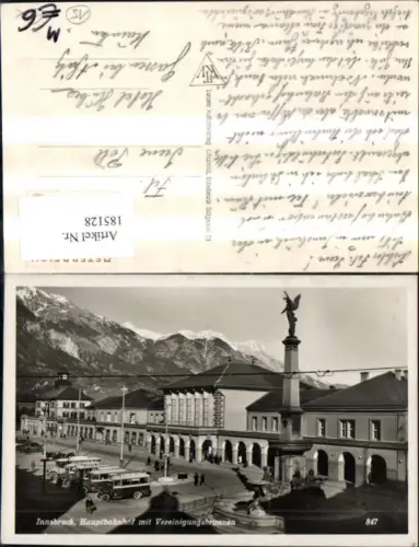 185128,Innsbruck Hauptbahnhof u. Vereinigungsbrunnen Bahnhof Brunnen Autobus Bus Auto