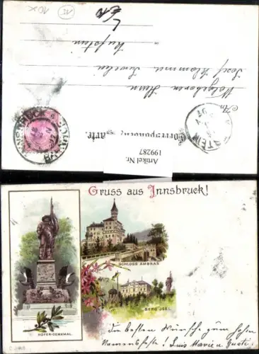 199287,Litho AK Gruß aus Innsbruck Schloss Ambras Berg Isel Hofer-Denkmal Mehrbildkarte