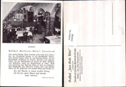 230588,Innsbruck Gasthof zum Goldenen Adler Goethestube Innenansicht Text