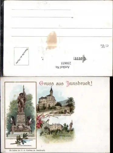 230655,Litho AK Gruß aus Innsbruck Schoss Ambras Berg Isel Hofer-Denkmal pub Carl Jurischek 208