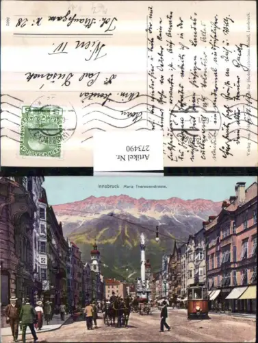 273490,Innsbruck Maria Theresienstraße Straßenansicht Anna-Säule Straßenbahn Nr. 41 Kutsche