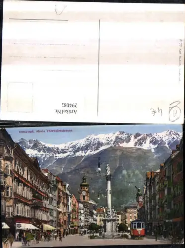 294082,Innsbruck Maria Theresienstraße Straßenbahn Annasäule Geschäfte Bergkulisse