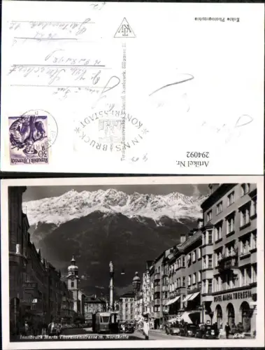 294092,Innsbruck Maria Theresienstraße Straßenbahn Annasäule Geschäfte m. Nordkette Bergkulisse