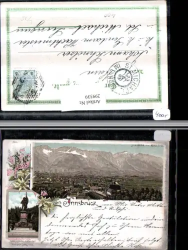 299339,Litho AK Innsbruck Totale Bergkulisse Andreas-Hofer-Denkmal Mehrbildkarte Edelweiß