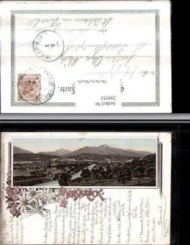 299353,Litho AK Gruß aus Innsbruck Totale Passepartout Edelweiß