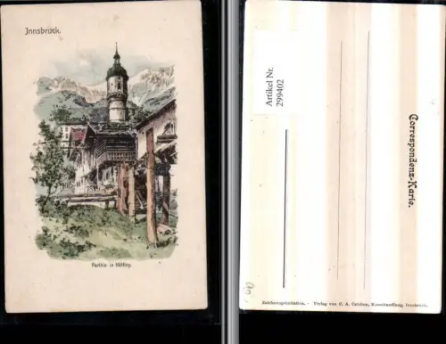 299402,Künstler AK Innsbruck Partie in Hötting Turm Bergkulisse