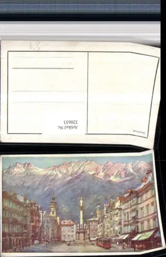 328653,Künstler AK Innsbruck Maria Theresienstraße Annasäule Straßenbahn Bergkulisse