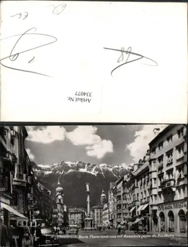 334077,Innsbruck Maria Theresienstraße m. Annasäule Geschäfte geg. Nordkette Bergkulisse