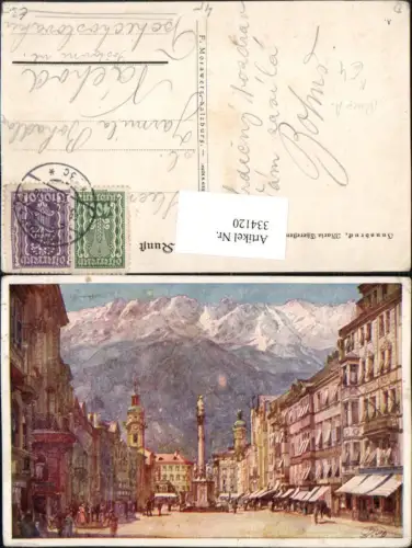 334120,Künstler AK A. Ruep Innsbruck Maria Theresienstraße Annasäule Bergkulisse