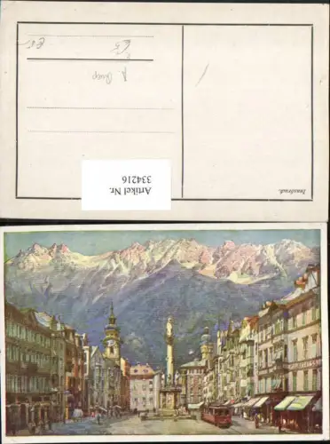 334216,Künstler AK A. Ruep Innsbruck Maria Theresienstraße Annasäule Straßenbahn Bergkulisse