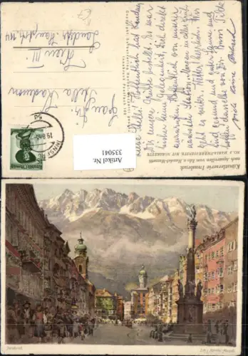 335041,Künstler AK Edo v. Handel-Mazzetti Innsbruck Maria Theresienstraße Annasäule Bergkulisse
