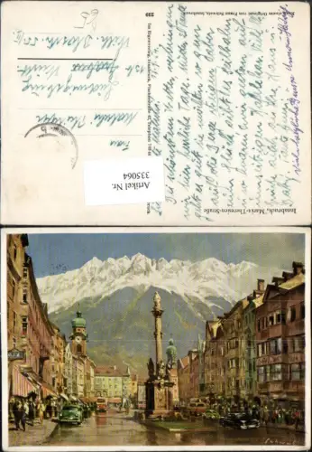 335064,Künstler AK Franz Schwetz Innsbruck Maria Theresienstraße Annasäule Bergkulisse
