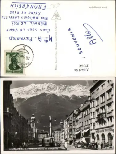 373841,Innsbruck Maria Theresienstraße Straßenbahn Annasäule m. Nordkette Bergkulisse