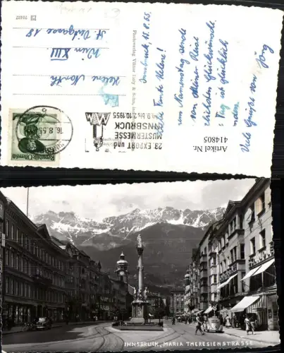 414805,Innsbruck Maria-Theresienstraße Annasäule Bergkulisse Export u. Mustermesse 1955 Stempel