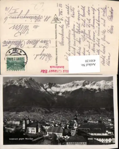 450120,Innsbruck Totale geg. Norden Bergkulisse Hotel Grauer Bär Stempel