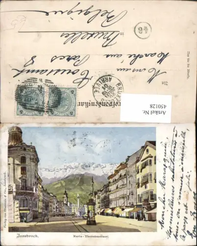 450128,Künstler AK Innsbruck Maria Theresienstraße Litfaßsäule Bergkulisse